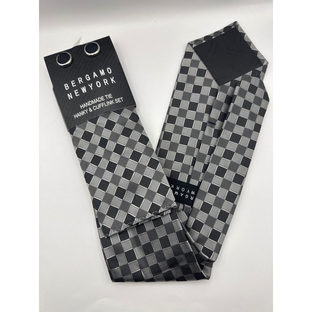 Bergamo New York Mens Handmade Tie Hanky Cufflink Set Black Silver NWT